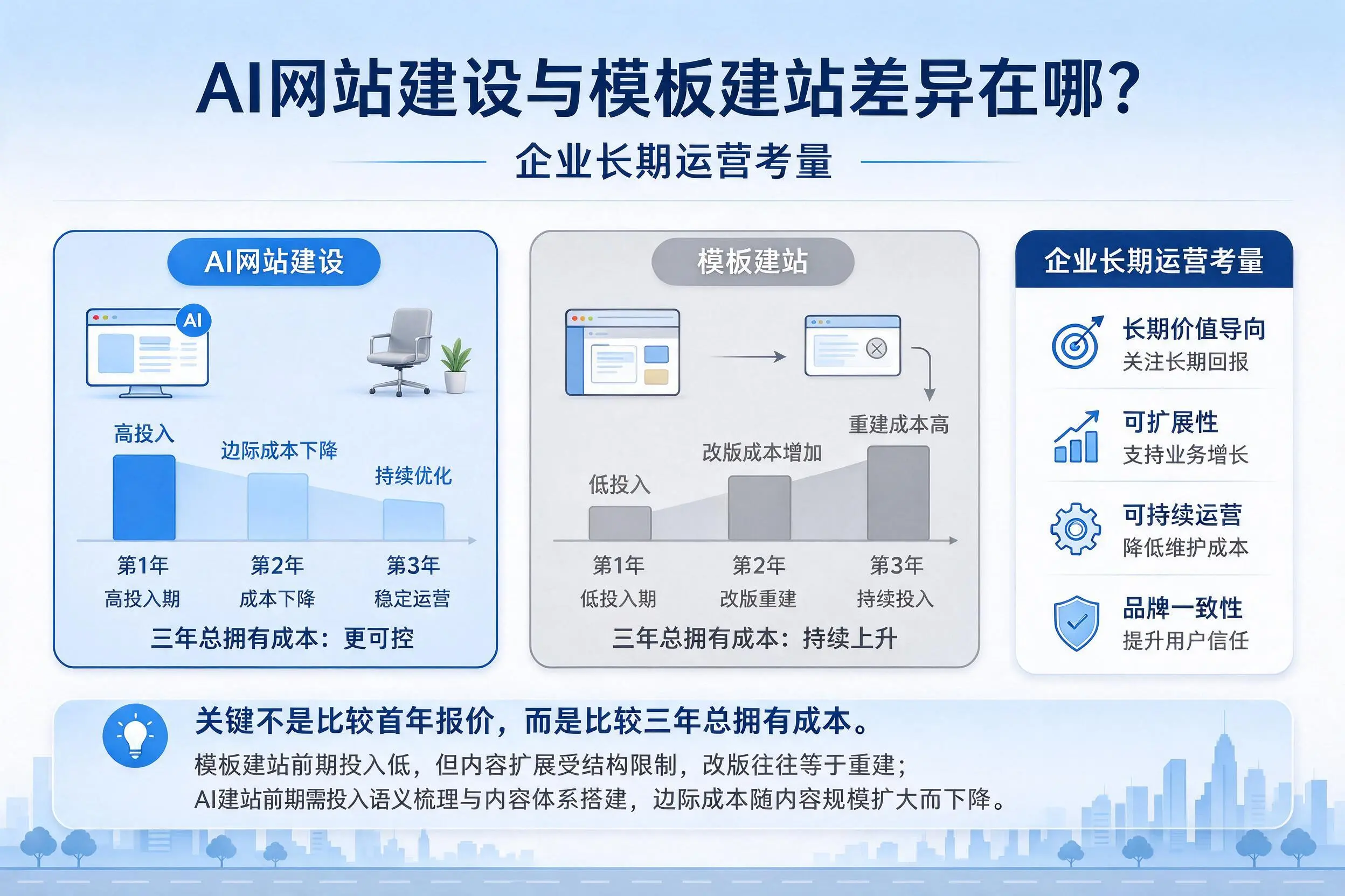 AI网站建设与模板建站差异在哪?龙岩企业长期运营考量