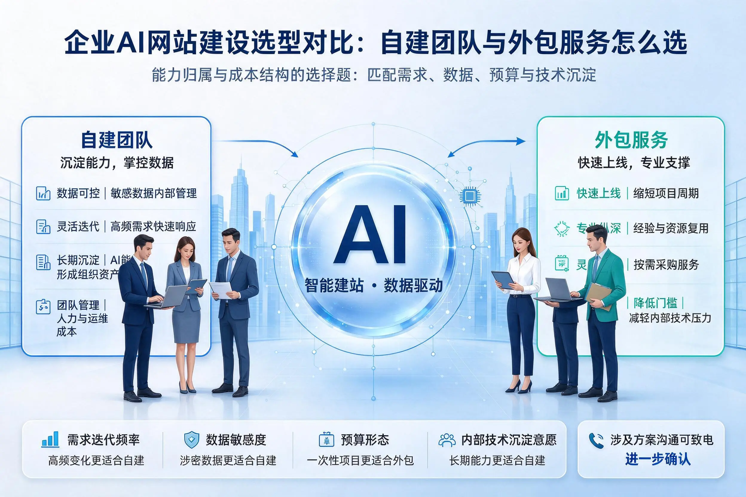龙岩企业AI网站建设选型对比：自建团队与外包服务怎么选